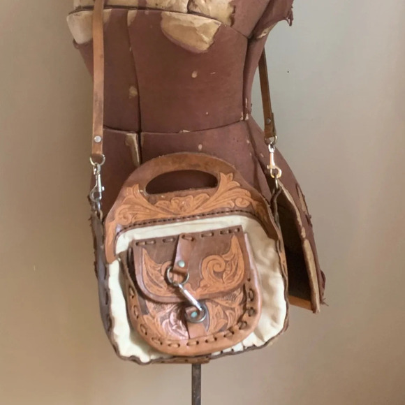 Leather vintage 70’s purse handtooled bag crossbody canvas hippie boho western - Picture 8 of 10